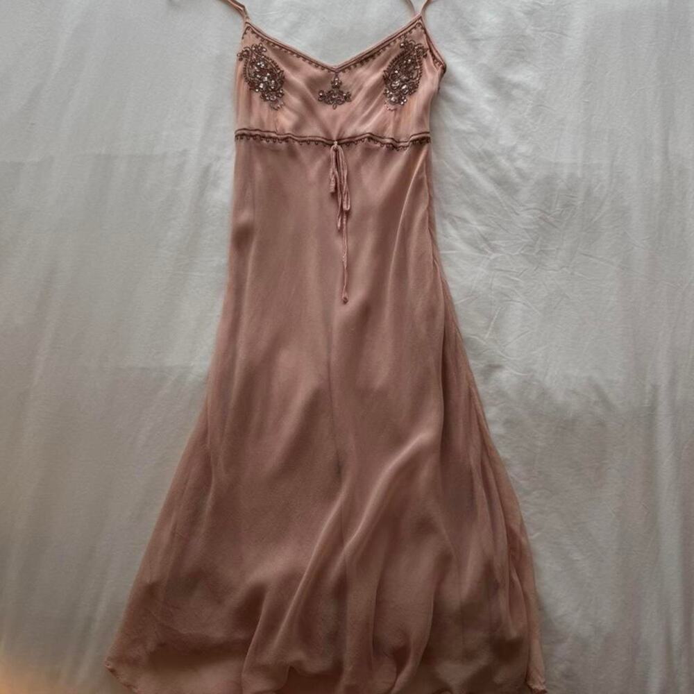 Pink silk slip dress with beaded and embriodery details  real silk